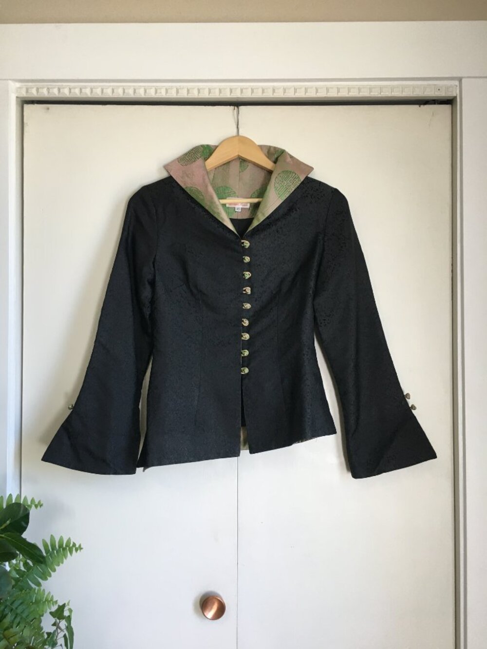 Cyberpunk 100% Silk Jacquard Asymmetrical Bell Sleeve Jacket XS